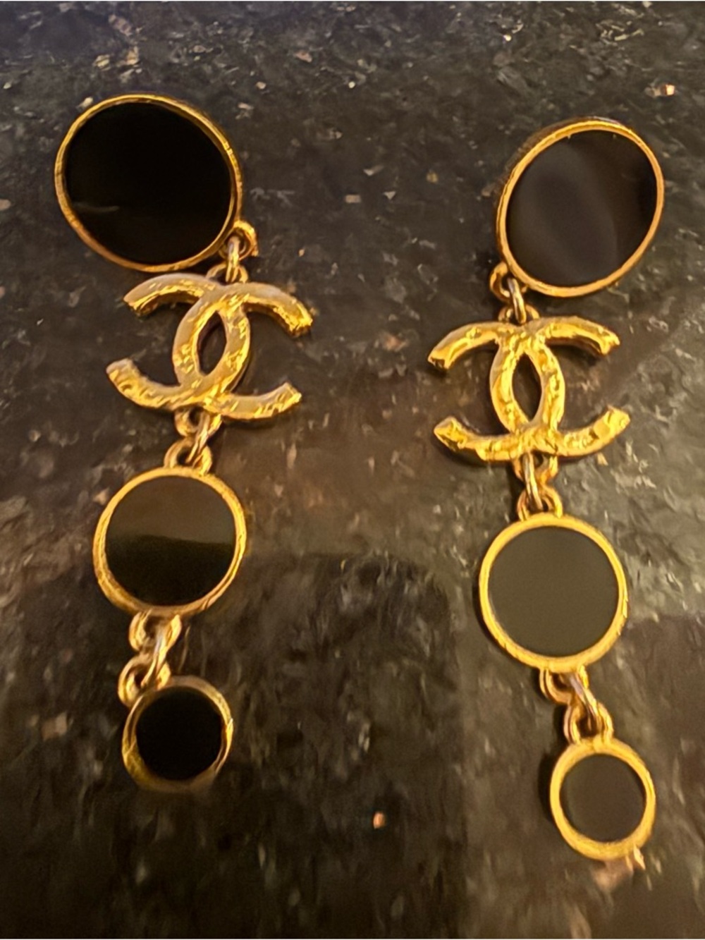 Chanel Gold & Black Drop CC Logo Dangle Earrings